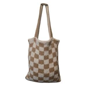 Free People Checkered Knit Tote Bag Cream Beige Lined W/ Scarf Matching Set